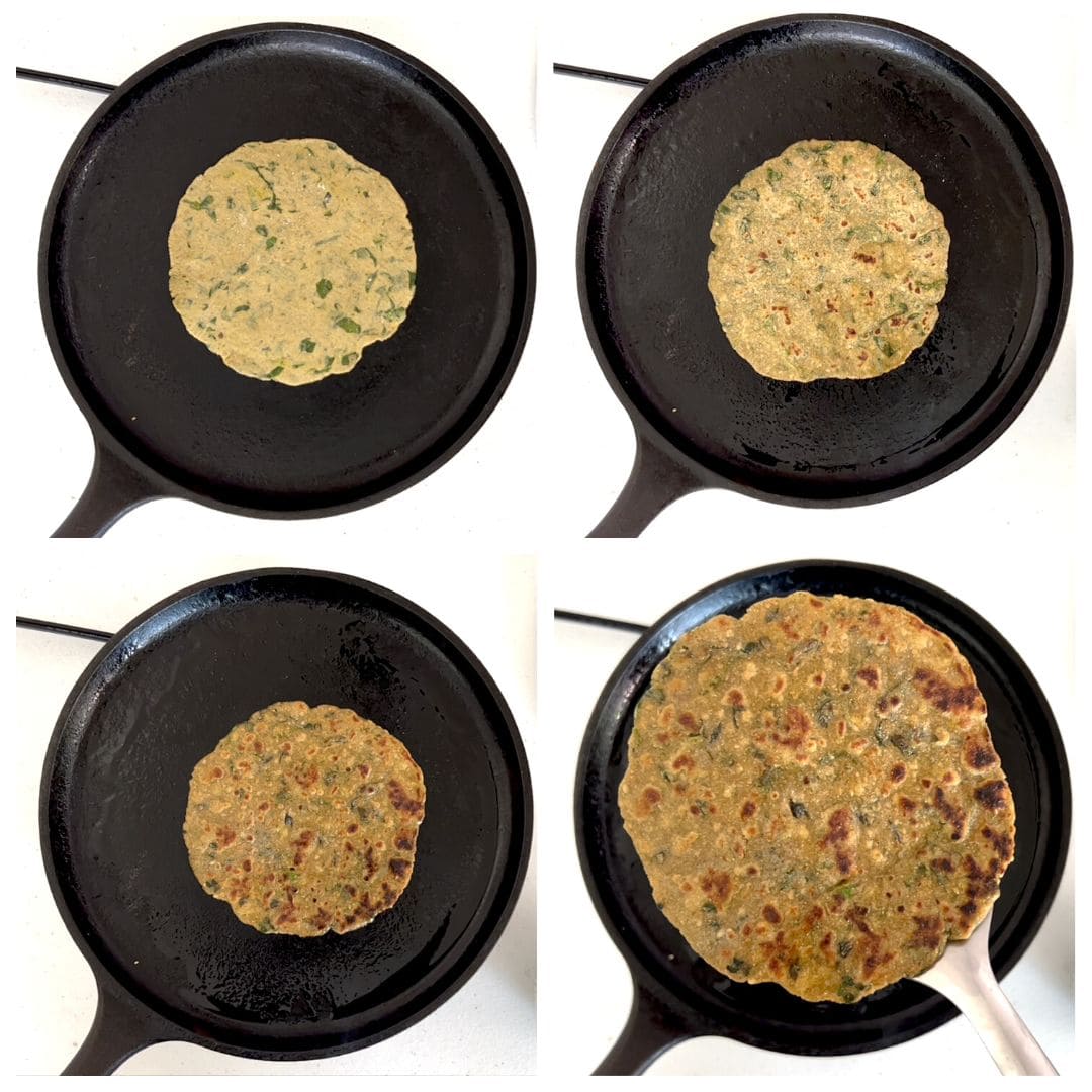 Steps on cooking Methi dhebra in a pan in a collage