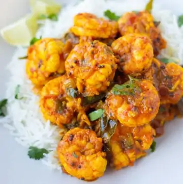 Shrimp/Prawn Masala curry served over rice