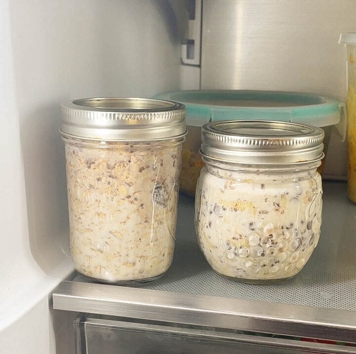 Banana Chocolate Chip Overnight oats in the refrigerator 