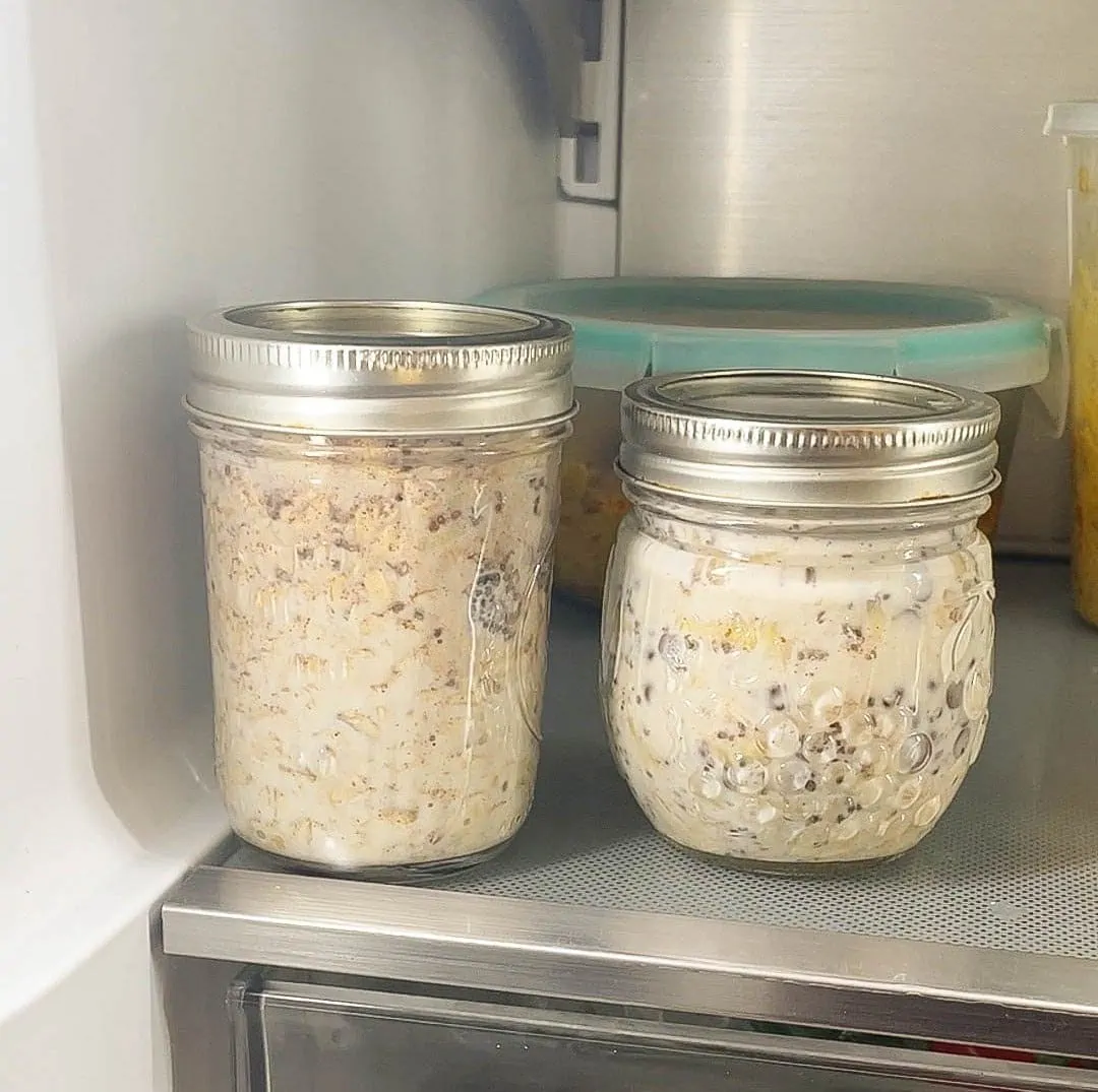 Banana Chocolate Chip Overnight oats in the refrigerator 