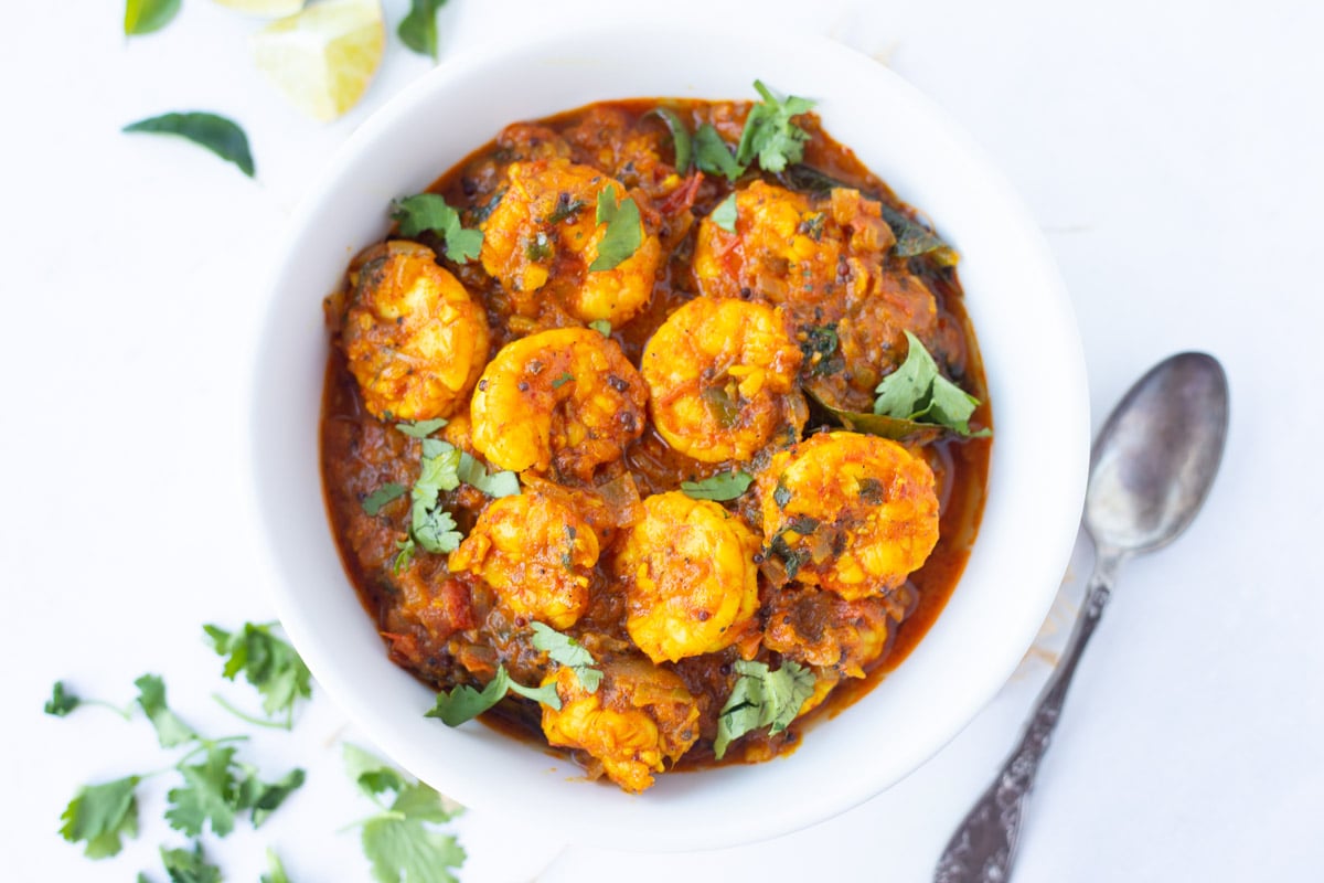 Shrimp Masala Recipe in a white bowl