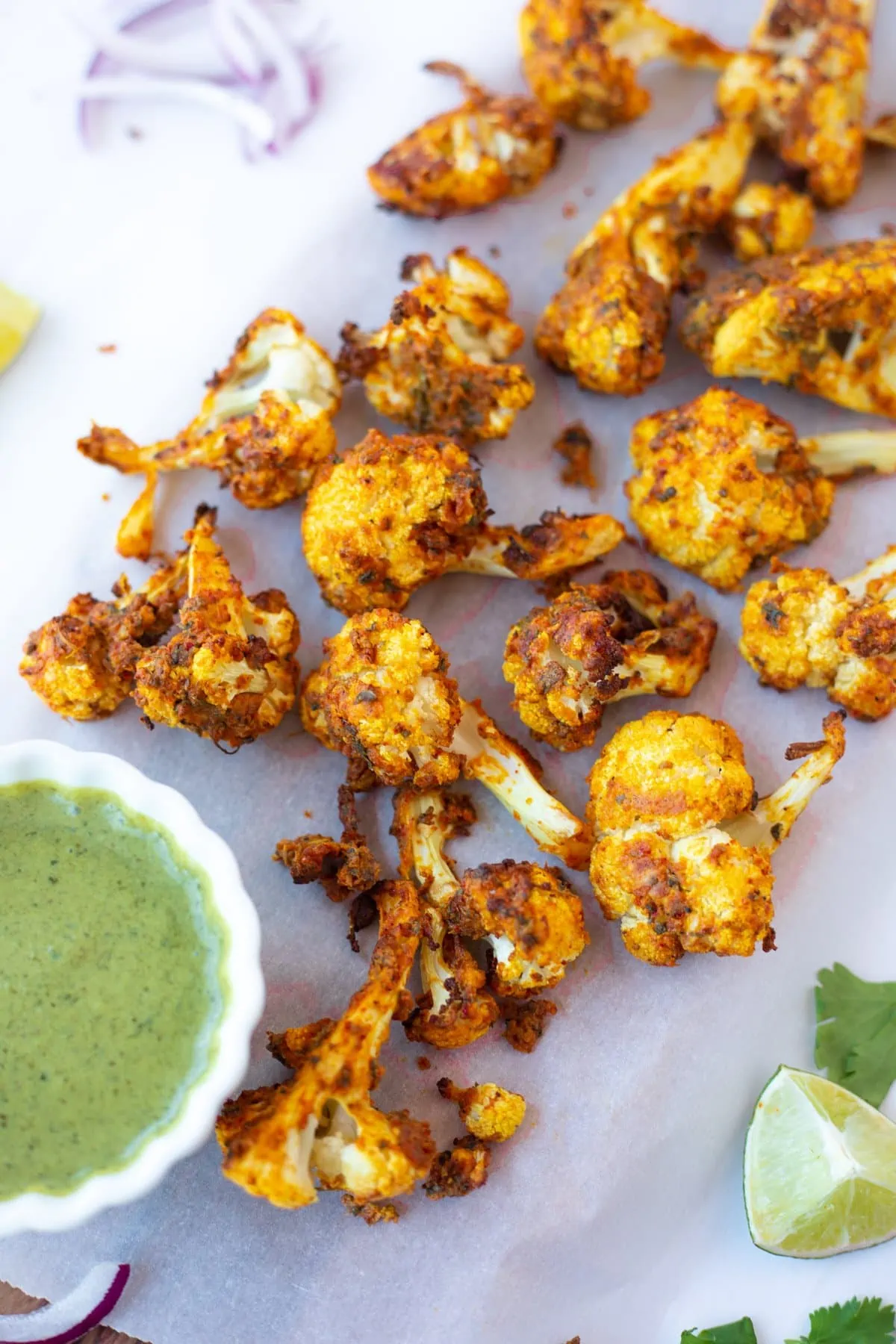Tandoori Gobi on a platter with green chutney