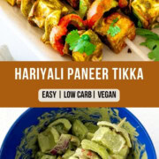 Haryali Paneer Pudina Tikka served on a platter with chutney and onions