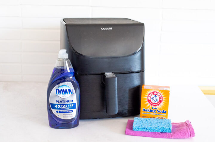 How to clean air fryer heating elementwith Dawn soap, baking soda, cloth and sponge