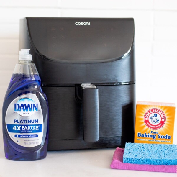 How to clean air fryer with Dawn soap, baking soda, cloth and sponge