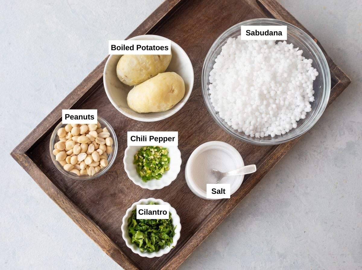 Ingredients you'll need for sabudana vada in wooden tray