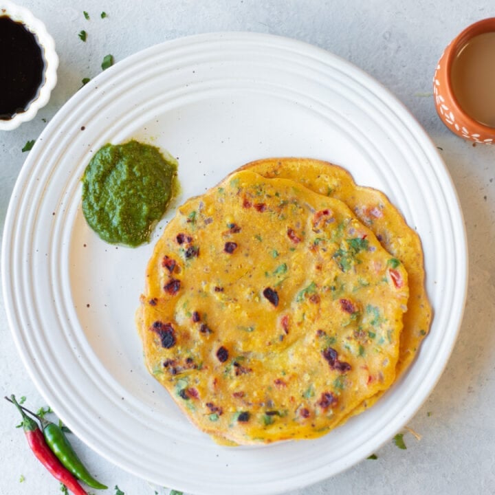 besan ka chilla served with chutney and chai