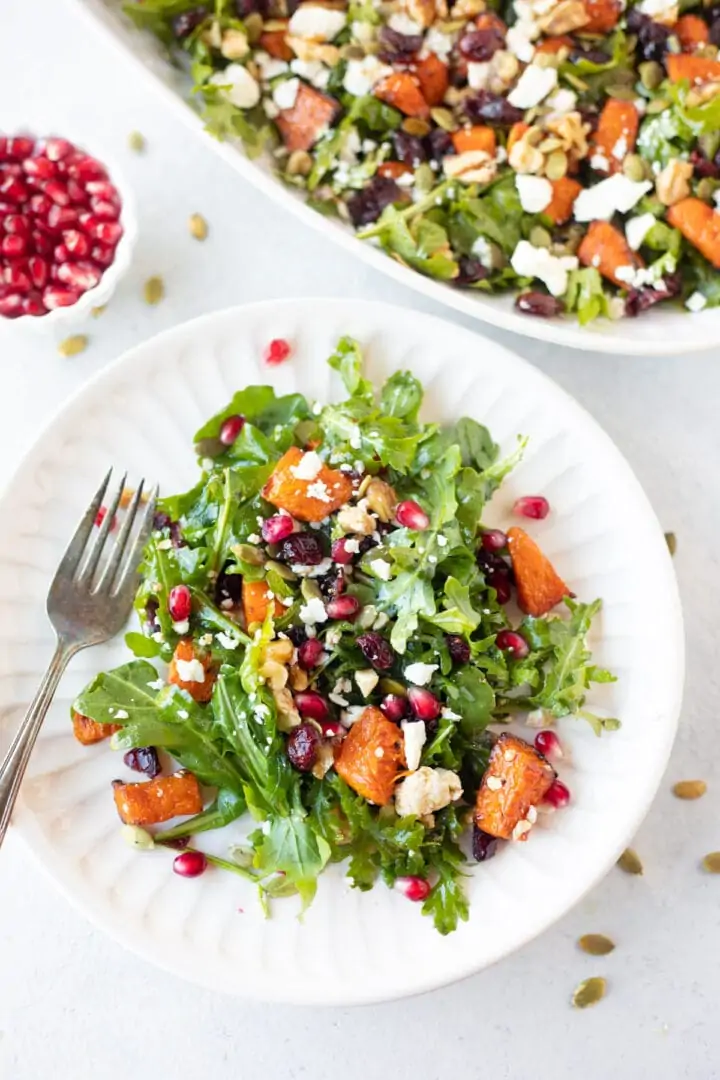 Roasted Pumpkin salad with feta Garnished with pomegranate seeds