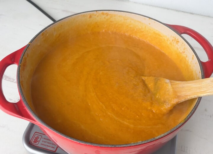 Roasted pumpkin soup in a dutch oven