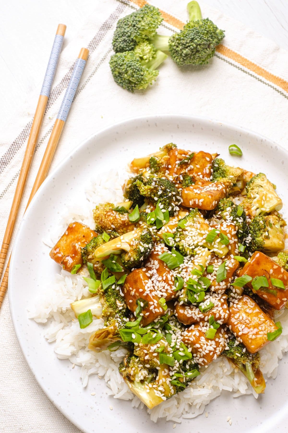 Sesame Tofu Broccoli Stir Fry with rice