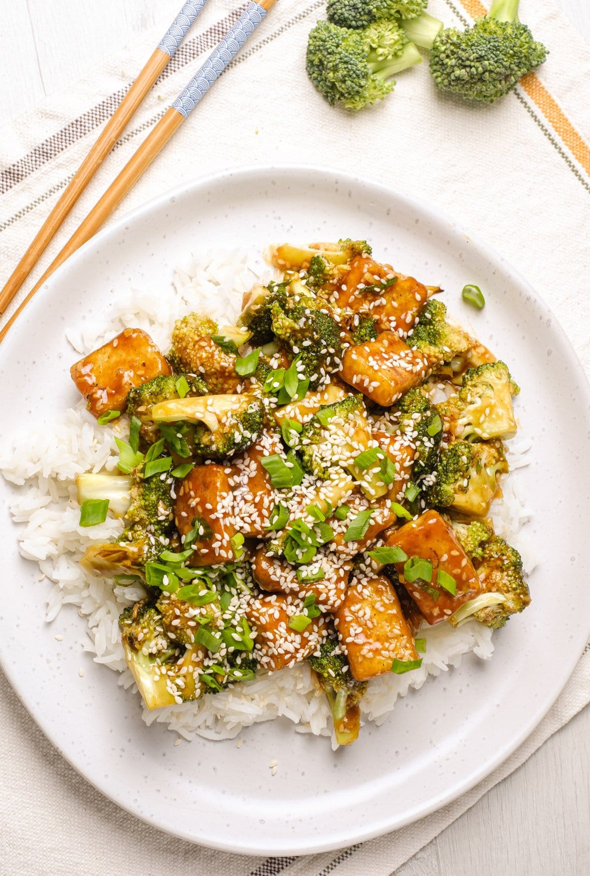 Tofu Broccoli Stir Fry Recipe topped with sesame seeds