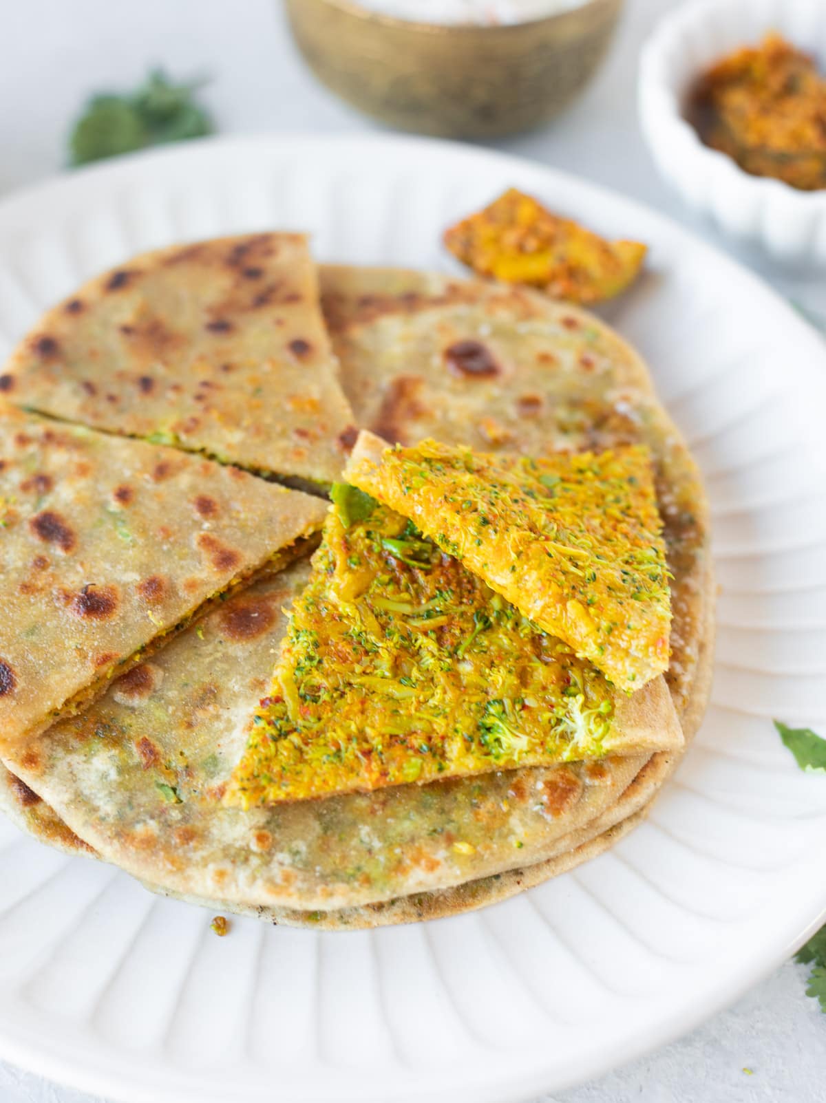 Broccoli paratha cut into pieces