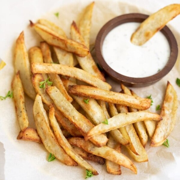 crispy French fries made in the instant pot air fryer along with a ranch dip