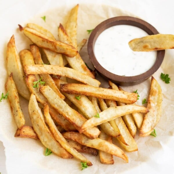 fresh crispy instant pot French fries served in a plate with dip