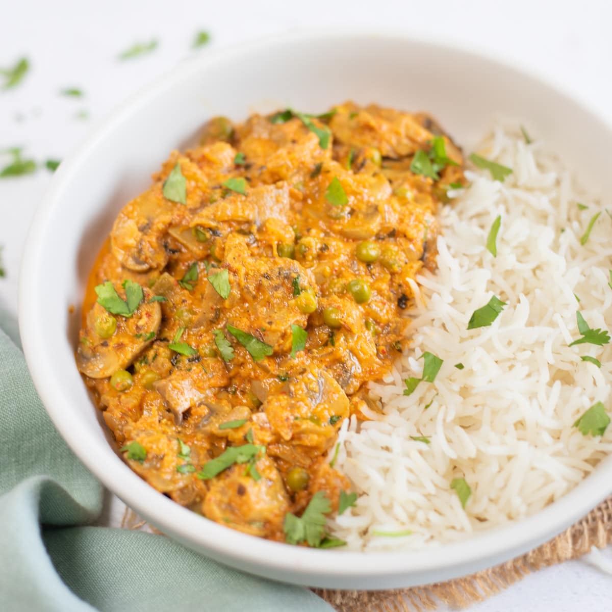 instant pot mushroom matar masala garnished with cilantro