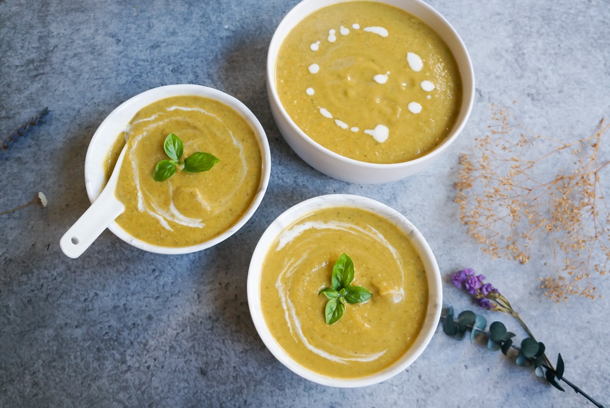 Best Cream of Broccoli soup served in three bowls.