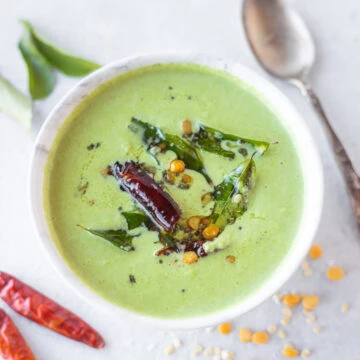 Coconut Coriander Chutney in a white bowl