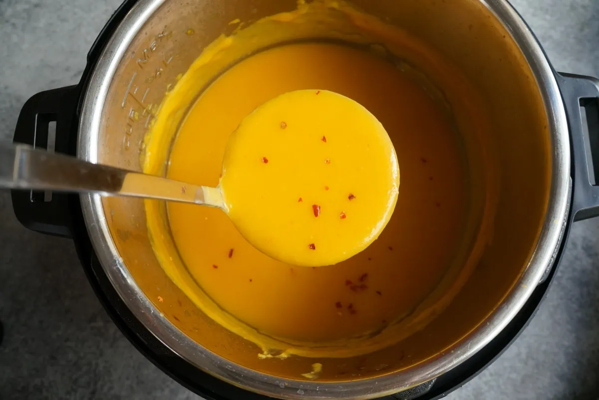 Instant pot Butternut squash soup in a ladle and in the instant pot