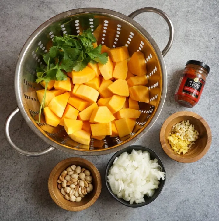 Ingredients to make Instant Pot Butternut Squash Soup with thai inspired ingredients