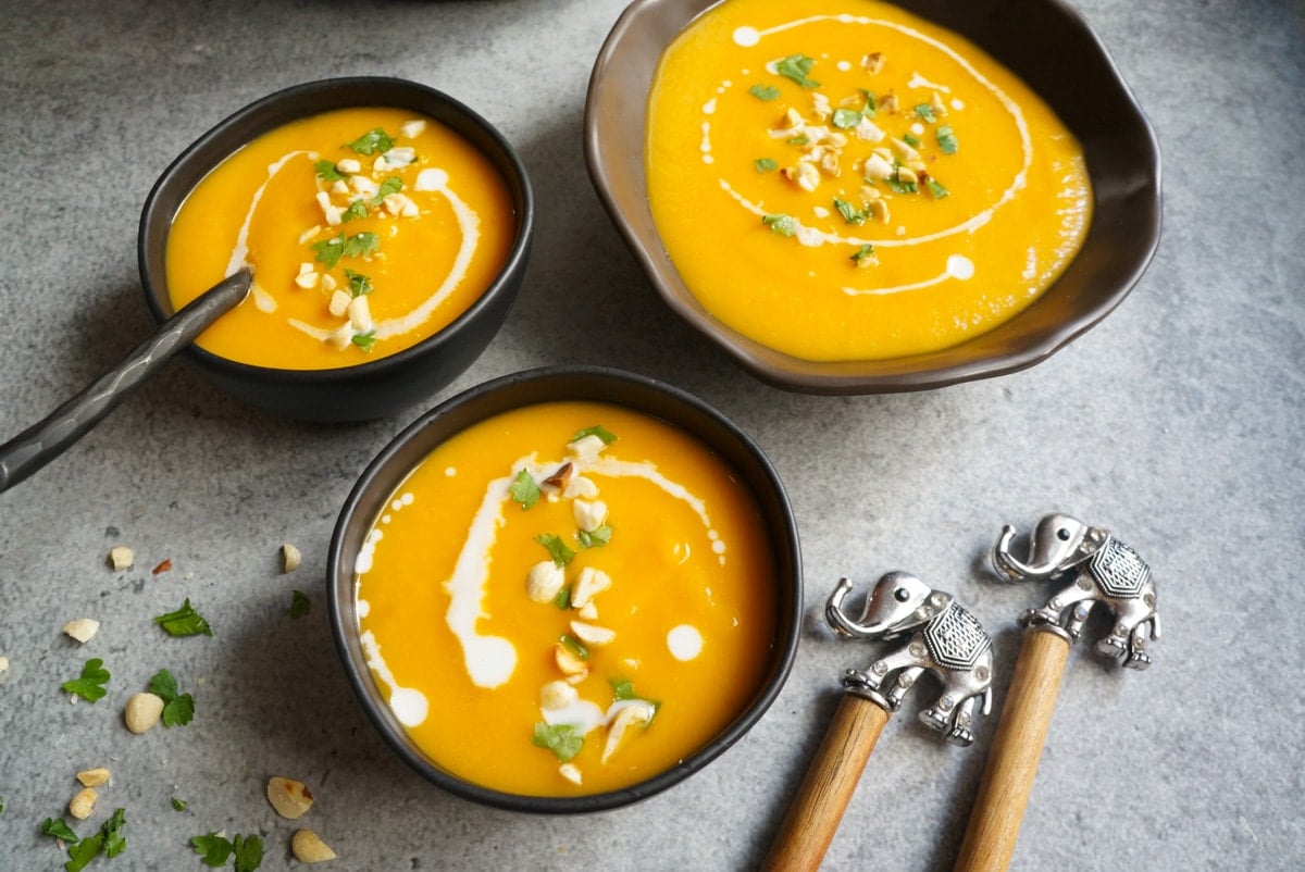 Butternut Squash soup made in the instant pot served in 3 bowls.