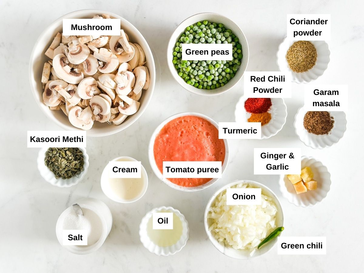 Ingredients you'll for Mushroom Matar Masala
