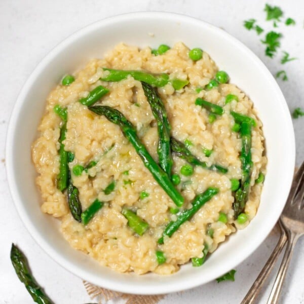 Asparagus risotto in a white bowl