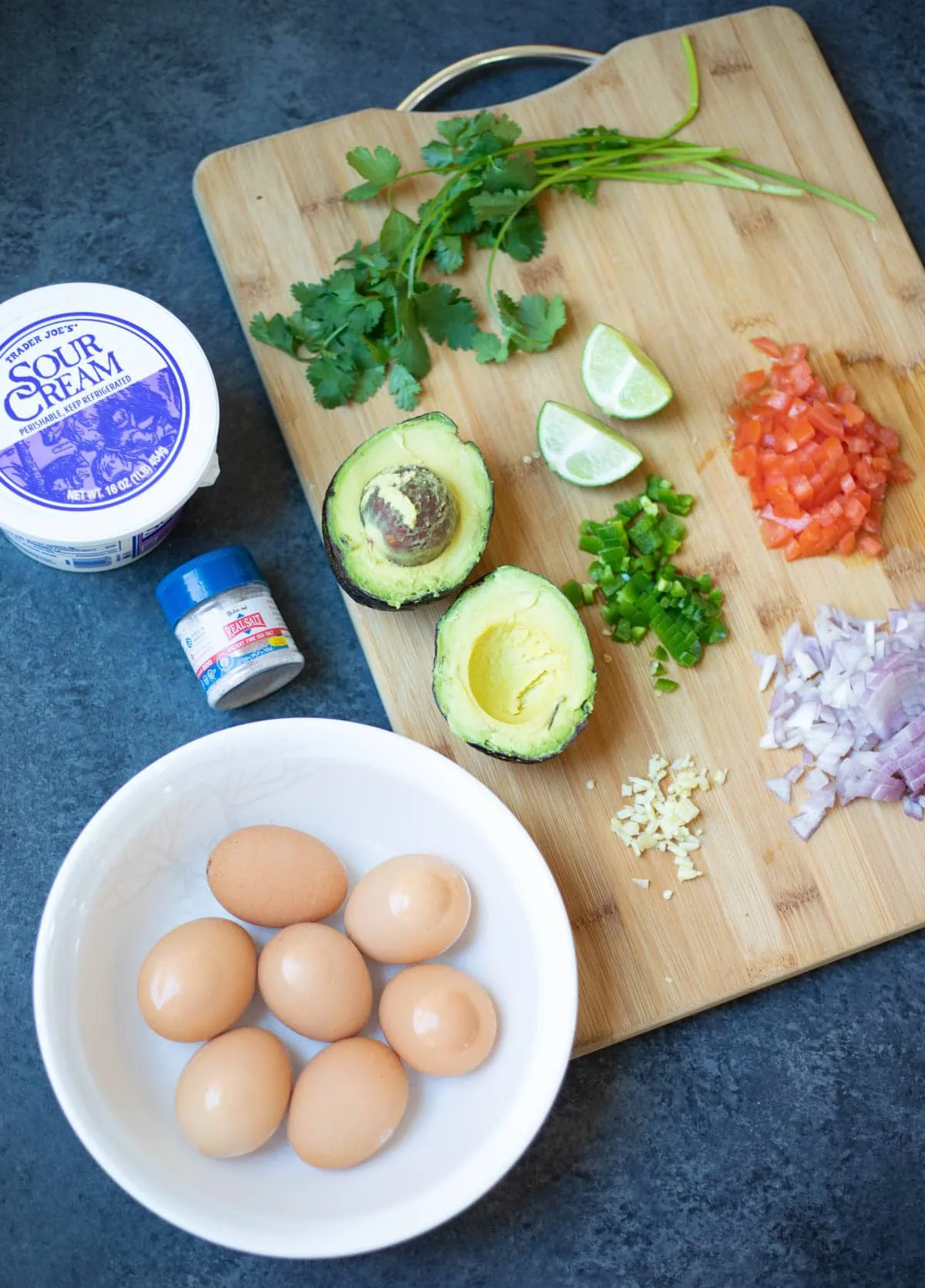Ingredients to make guacamole deviled eggs