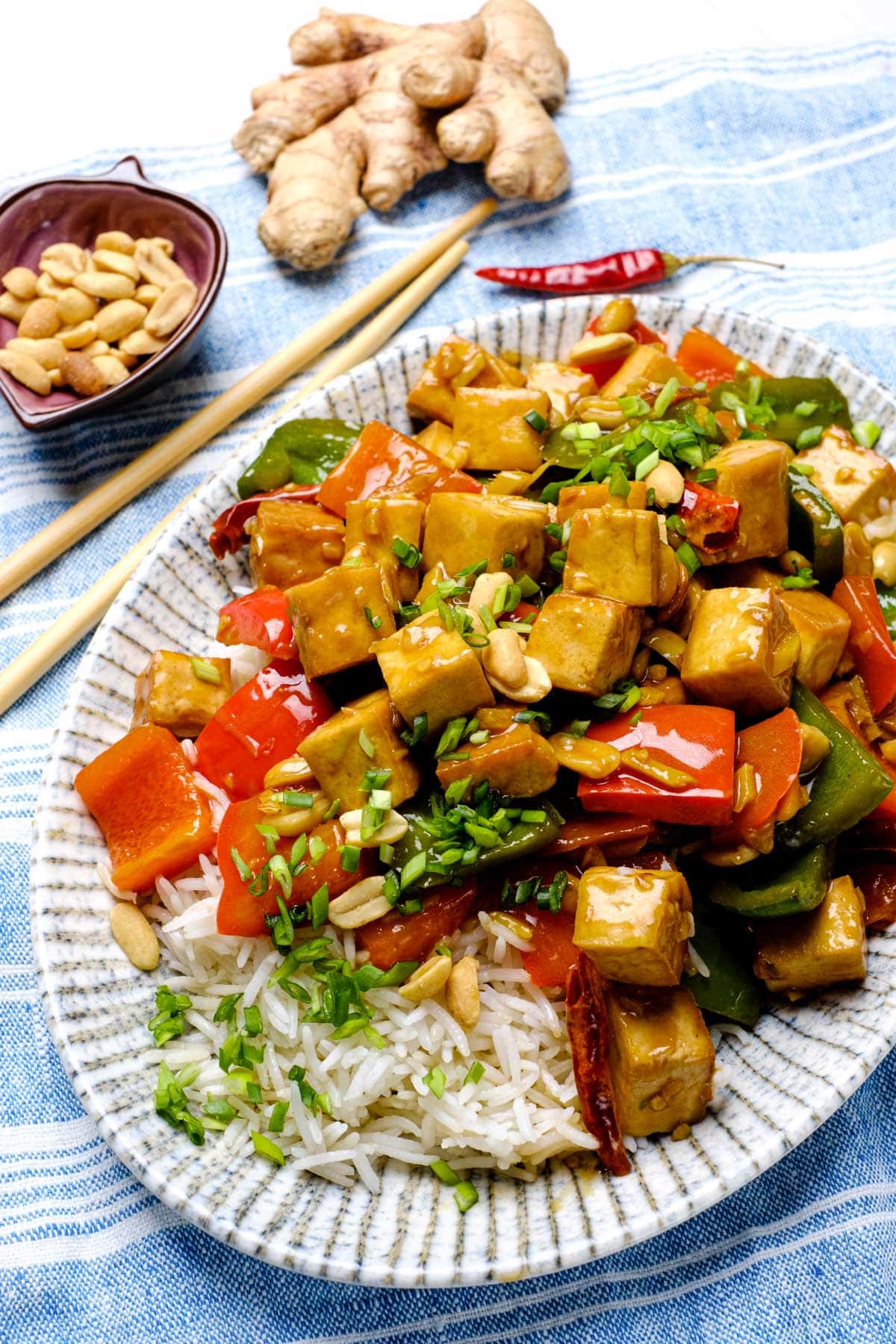 Kung Pao Tofu garished with peanuts and green onions