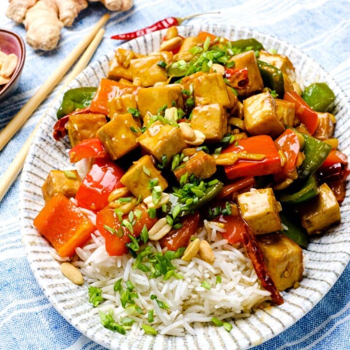 Kung Pao Tofu Chinese style with ginger and peanuts on the side