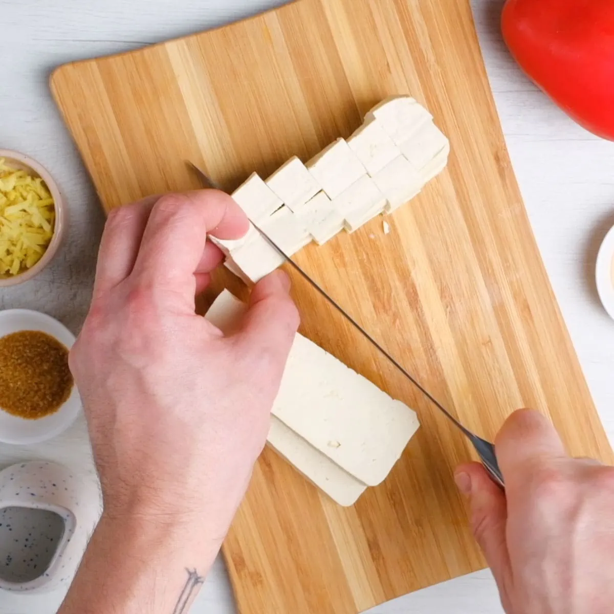 Cut tofu on a chopping board