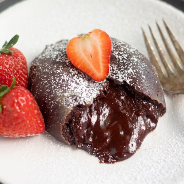Chocolate lava cake topped with strawberry