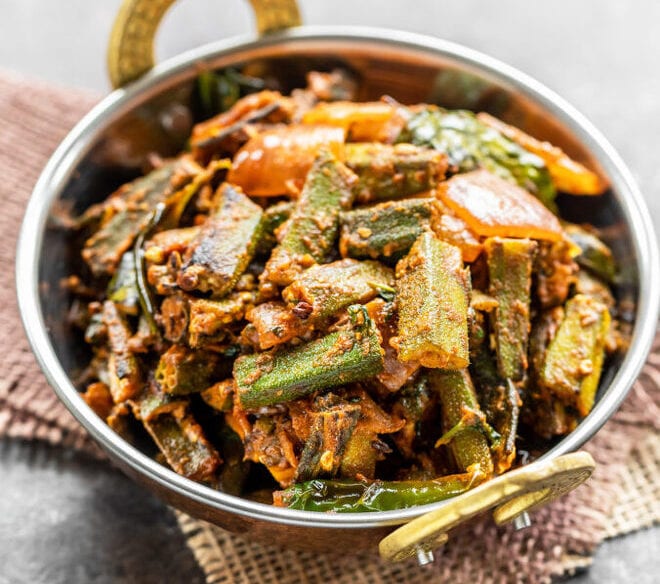 Achari bhindi in a small pan 