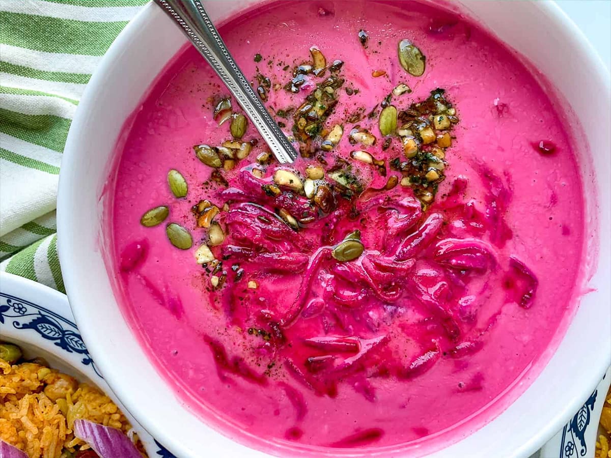 Indian raita with beets and cumin mustard tempering 