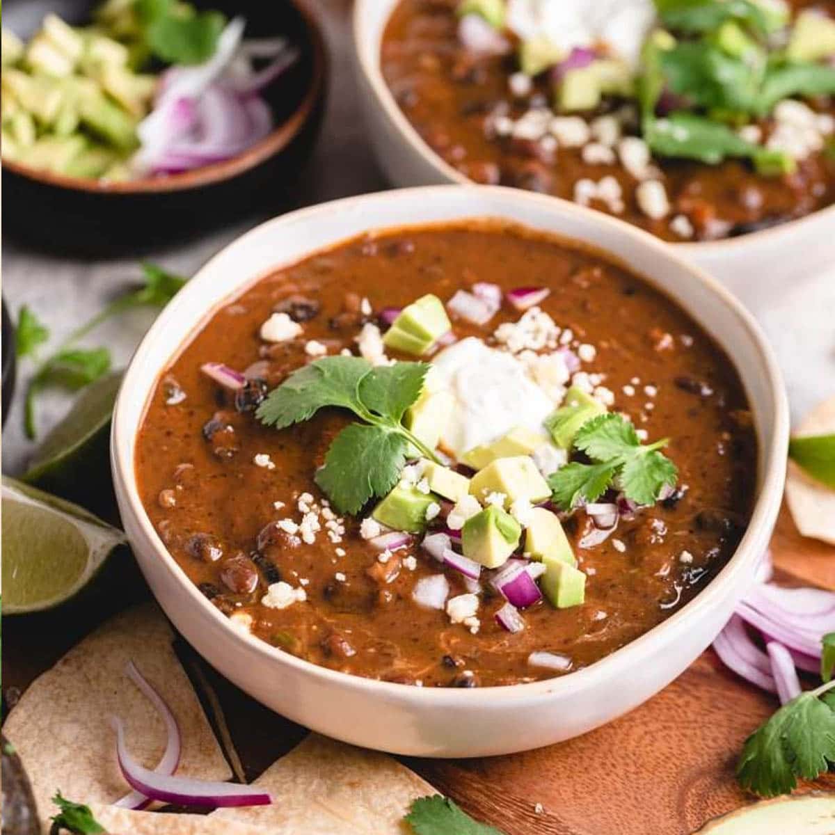 Black Bean soup in a white bowl