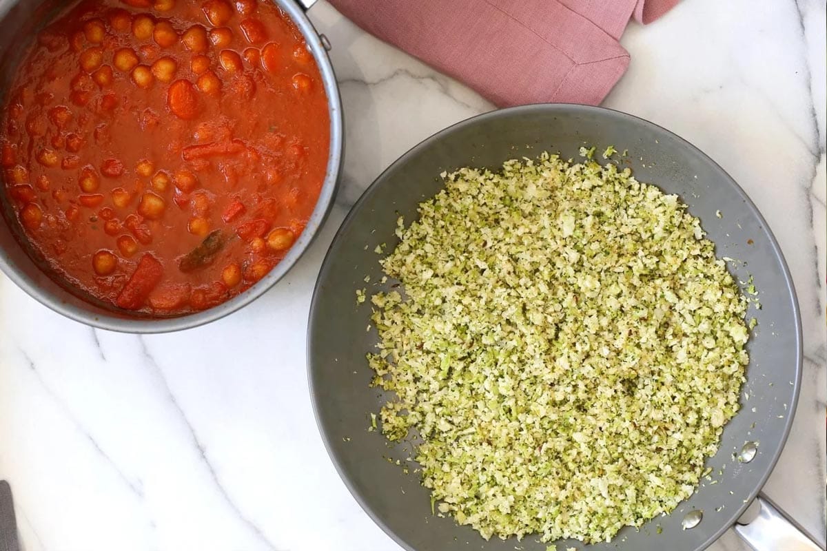 broccoli cauliflower rice in a pan