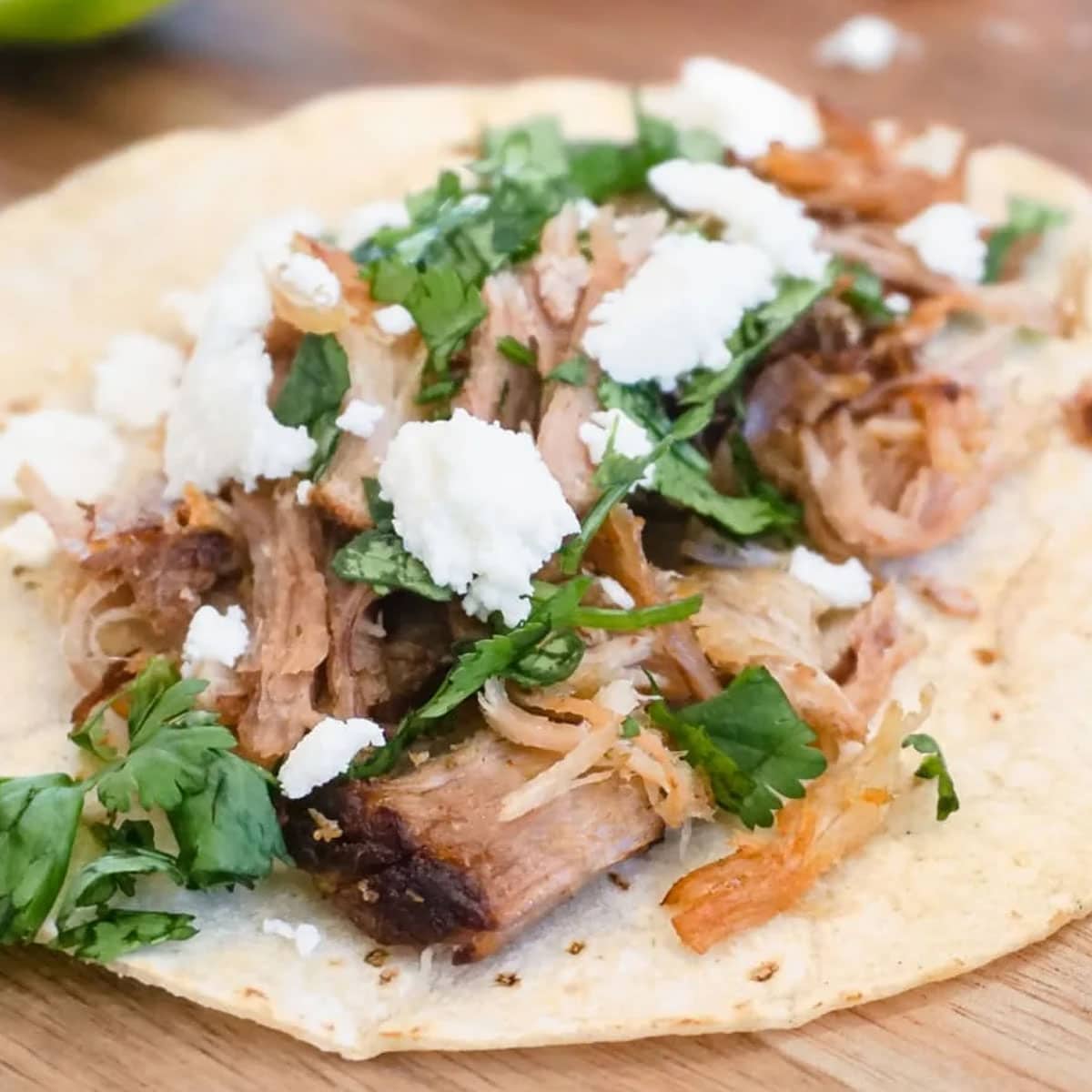 a corn tortilla topped with carnitas, crumbled cheese, and cilantro