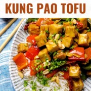 Vegan Kung Pao Tofu garnished with peanuts