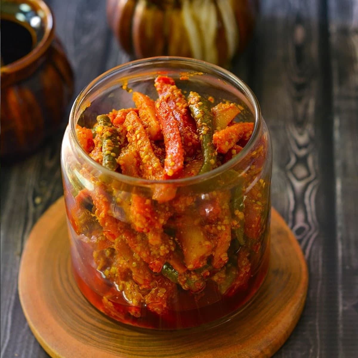 Gajar mooli ka achar in a glass jar