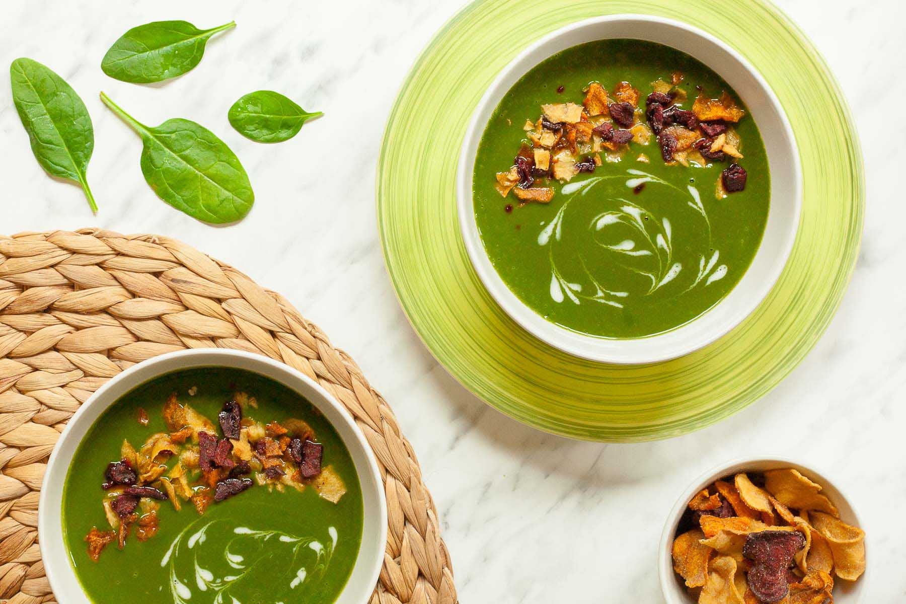Cream of Spinach Soup in two bowls