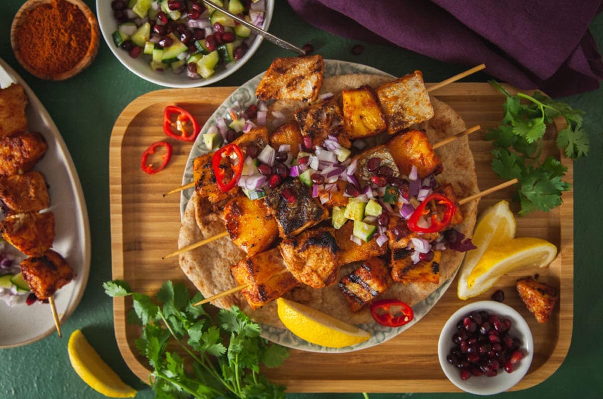 tandoori salmon pineapple tikka in a plate