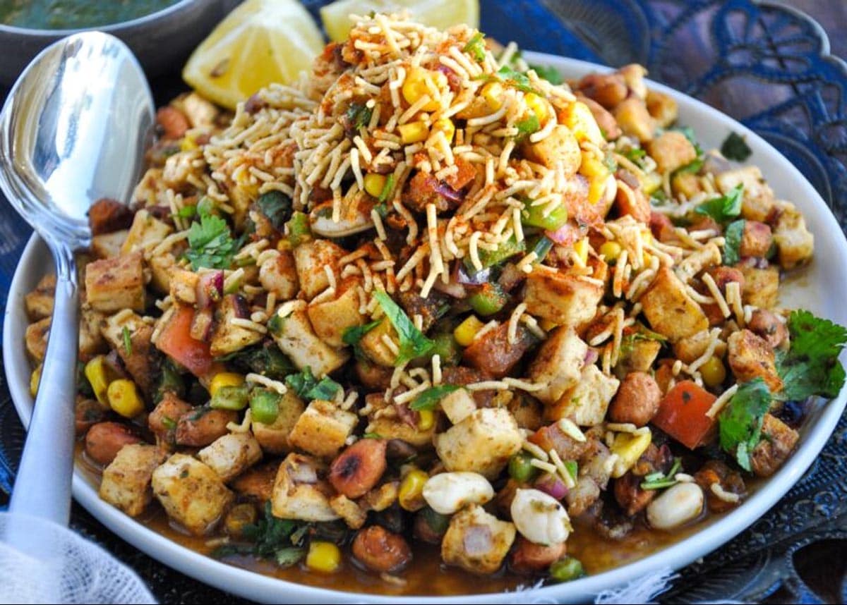 tofu peanut bhel in a white bowl