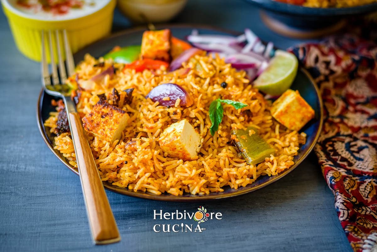 Tofu Tikka Biryani in a plate