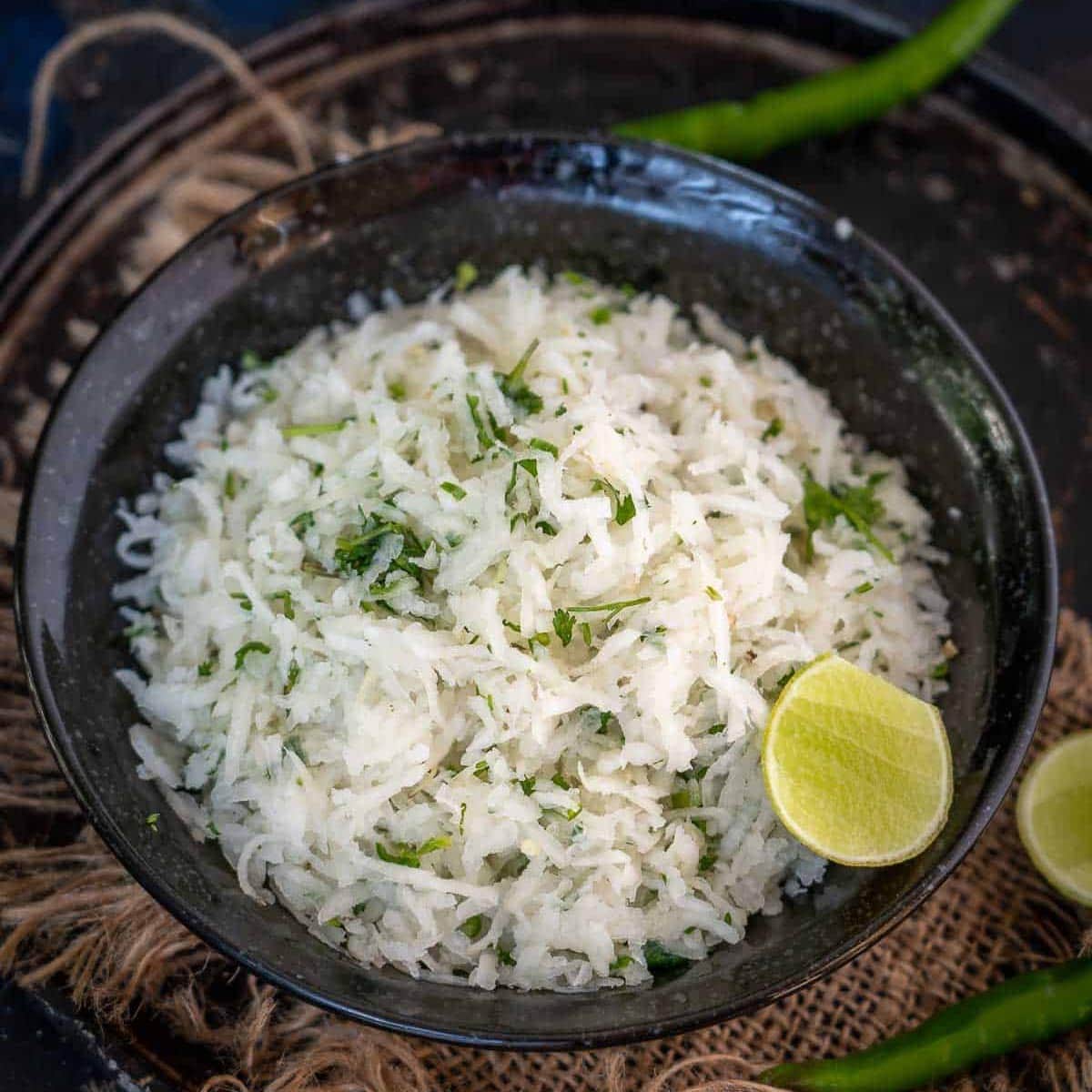 Mooli lachha served in a bowl.