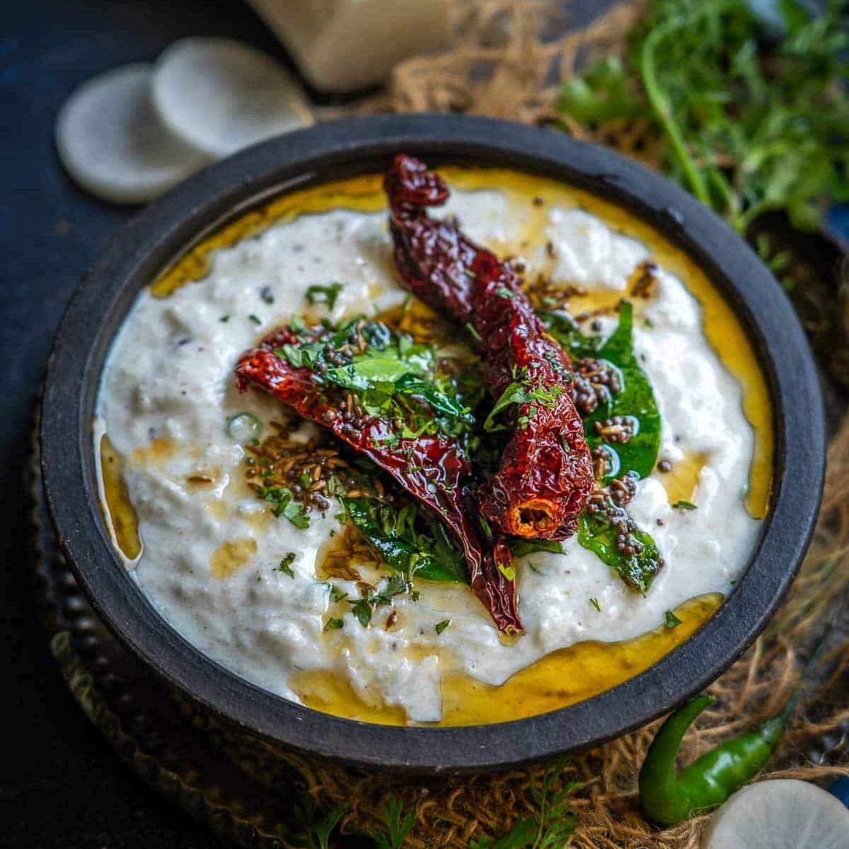 Mooli raita served in a bowl.