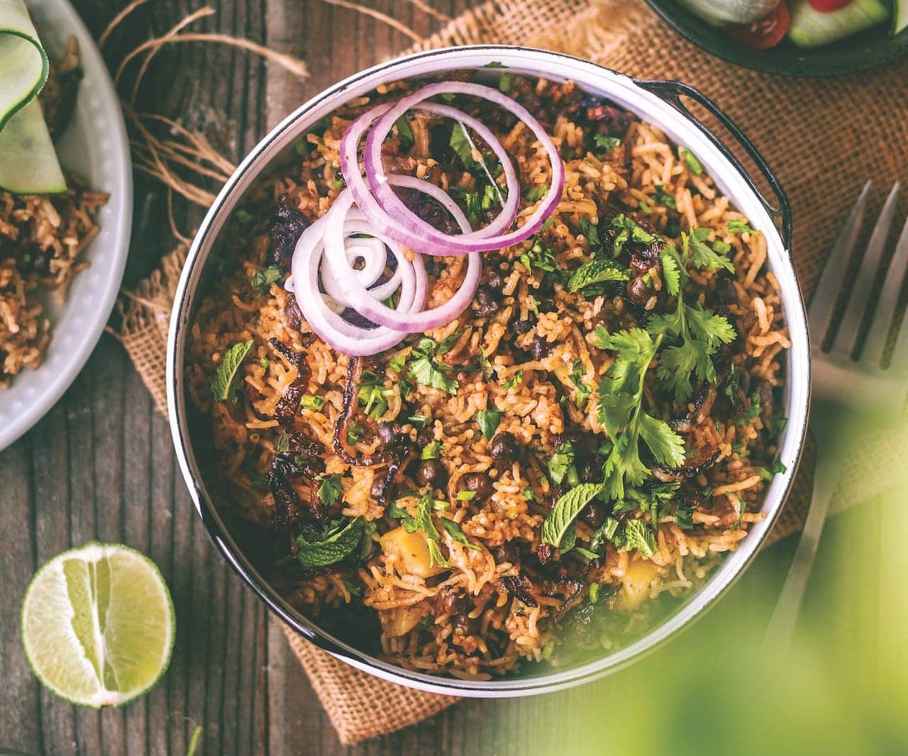 Chana pulao garnished with cilantro