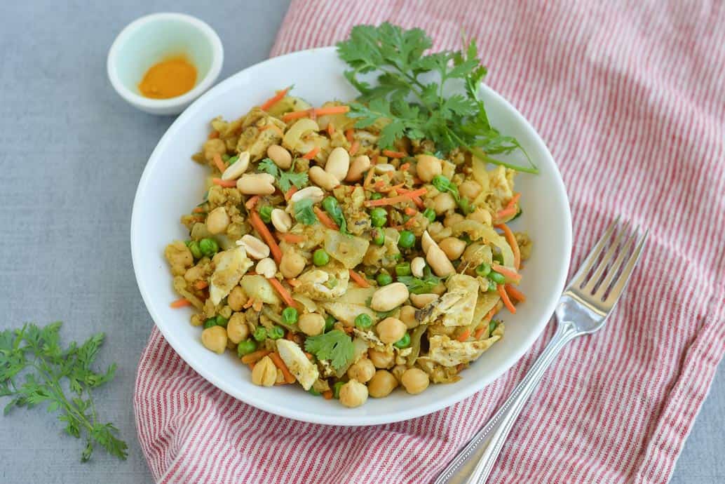 Indian style cauliflower rice in a bowl 