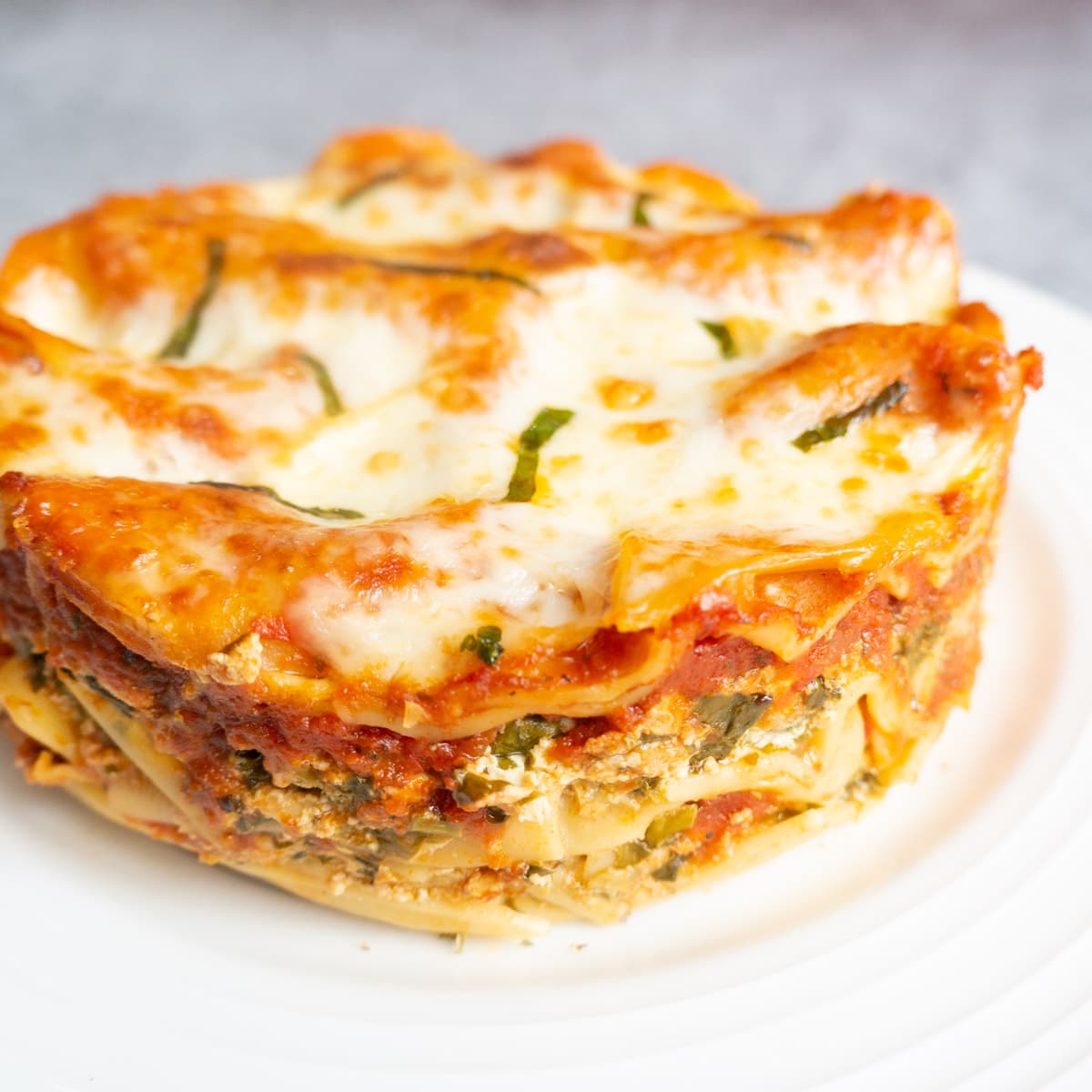 Spinach artichoke lasagna in a white plate