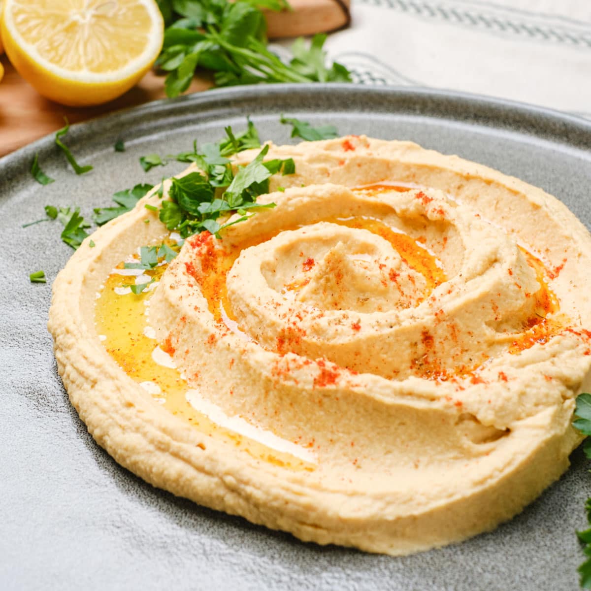 creamy Instant Pot chickpea hummus in a plate