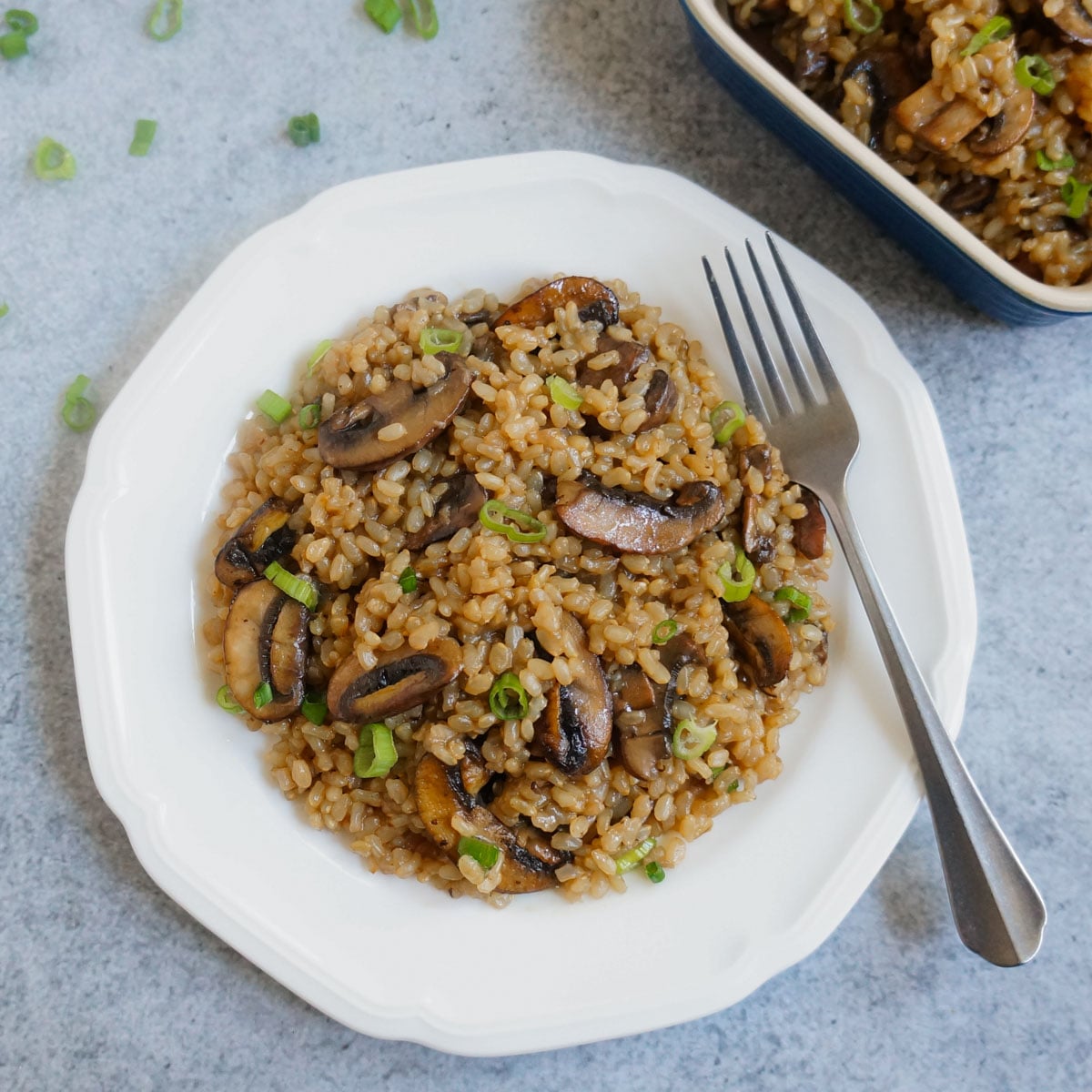 Mushroom Brown Rice Pilaf served in a white plate