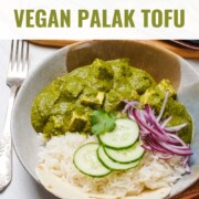 A vegan Palak Tofu dish with cucumber and onion